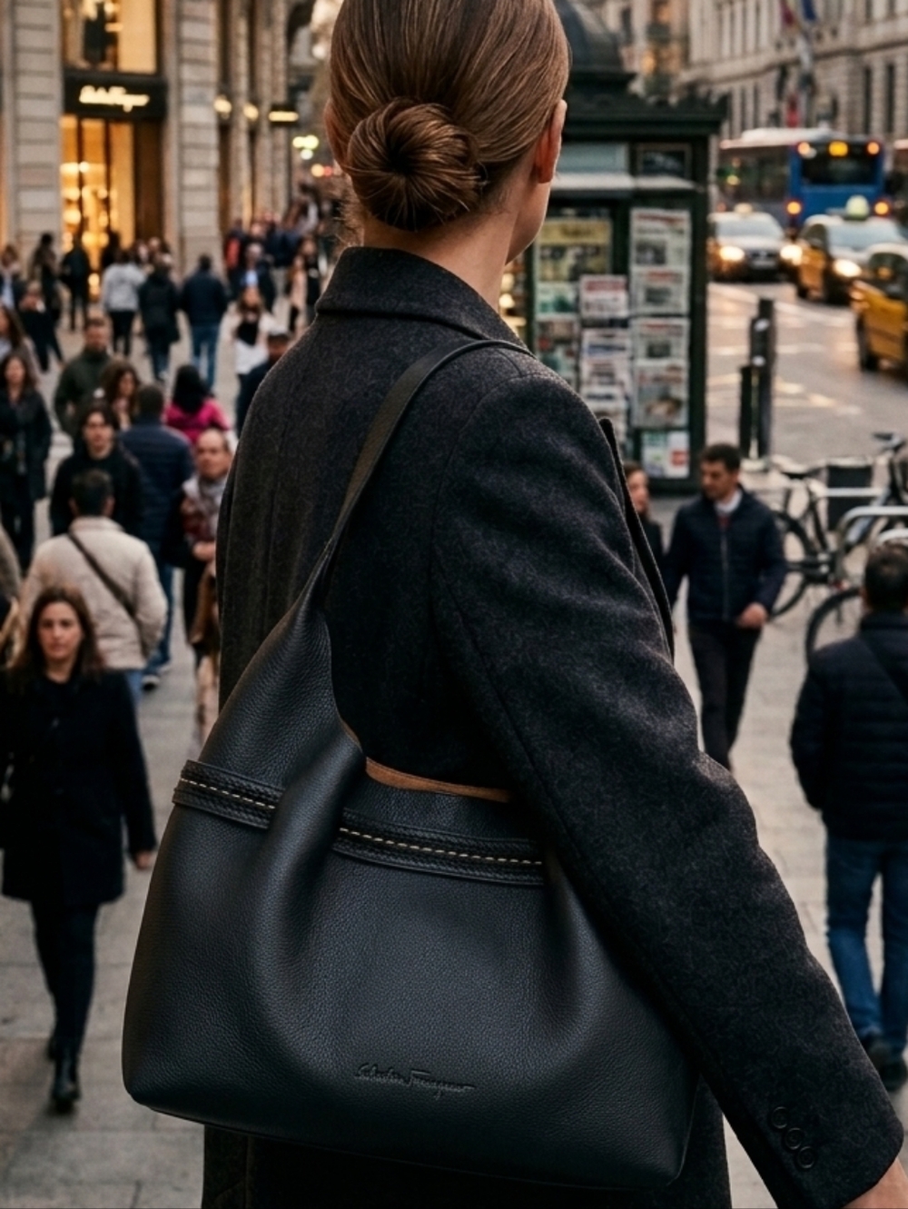 Salvatore Ferragamo Black Leather Suede Hobo Shoulder Bag